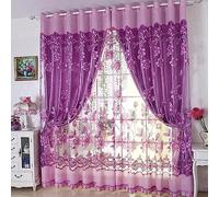 Amidoudou 1 Pair European Double Layer Curtains for Living Room Bedroom Lily Patterned Curtains with Tassel Beads (Purple,66 x 96 Inch)