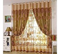 Amidoudou 1 Pair European Double Layer Curtains for Living Room Bedroom Lily Patterned Curtains with Tassel Beads (Gold,66 x 90 Inch)