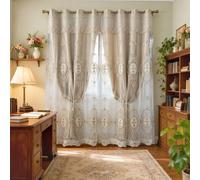 Amidoudou 1 Pair European Double Layer Curtains with Valances for Living Room Bedroom Luxury 3D Flower Embroidered Curtains (Gold,52x102 Inch)