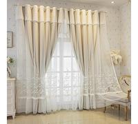 Amidoudou 2 Panels Double Layer Embroidered Flower Curtains for Girls Room, 66 x 84 Inch Beige Tulle Sheer Curtains for Bedroom & Living Room, Pastoral Window Treatment