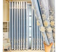 Amidoudou Elegant 3D Flower Embroidered Curtains with Valance, Pack of 2, 66x84 Inch Blue Luxury European Double Layer Drapes for Living Room & Bedroom