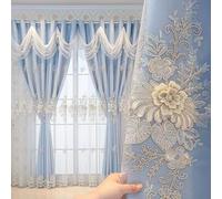 Amidoudou Luxury European Embroidered Curtains with Wavy Valance, 1 Pair Double Layer Window Drapes for Living Room & Bedroom, Blue, 66 x 90 Inches