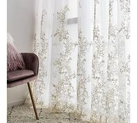 Amidoudou Pencil Pleat Curtains 1 Pair Luxury Embroidered Tulle Curtains for Living Room Wedding 3D Gold Flower Sheer Curtains (White,66 x 72 Inch)