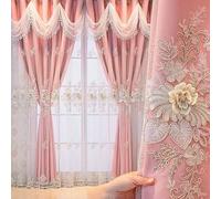 Amidoudou Pencil Pleat Curtains 1 Pair Luxury European Curtains with Wavy Valance for Living Room Bedroom Double Layer Embroidered Curtain (Pink,W 66" x L 84" (2 Panels))