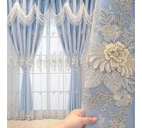 Amidoudou Pencil Pleat Curtains 1 Pair Luxury European Curtains with Wavy Valance for Living Room Bedroom Double Layer Embroidered Curtain (Blue,W 66" x L 90" (2 Panels))