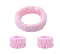 Amie Louise Beauty Supplies Pink Wrist Bands and Headband Set for Face Washing, Skincare and Makeup, 1 Set of 2 Pieces, 3 in a Pack