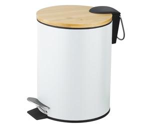 Amig - 3L Bathroom Pedal Bin Mod. Naturline - White and Bamboo - Hands-Free Hygienic Opening - Ø16.8 x 23 cm - Lacquered Stainless Steel - Round Bin with Airtight Lid