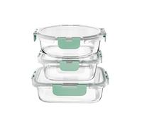 Amig - Set of 3 airtight glass food containers - Capacity: 400 ml / 370 ml / 320 ml - Round, rectangular and square - For microwave, oven, freezer and dishwasher - Green colour