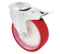 Amig - Set of 4 Castors with Brakes | Diameter 125 mm | Swivel Wheels with Hole | Maximum Weight 170 kg | for Moving Heavy Furniture | Roller Bearings | White Nylon Core | Red Polyurethane