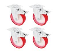 Amig - Set of 4 Wheels with Brakes | Diameter 100 mm | Swivel Wheels with Metal Plate | Maximum Weight 120 kg | for Moving Heavy Furniture | Roller Bearings | White Nylon Core | Red Polyurethane