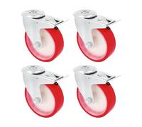 Amig - Set of 4 Wheels with Brakes | Diameter 80 mm | Swivel Wheels with Hole | Maximum Weight 100 kg | for Moving Heavy Furniture | Roller Bearings | White Nylon Core | Red Polyurethane