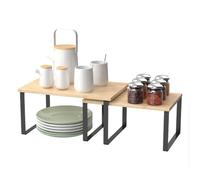 Amig - Spice Rack Organizer Mod. SOREN - Set of 2 Pieces - Stackable Shelves - 32 x 20 x 15.6 cm / 28 x 18.5 x 13.9 cm - Steel and Bamboo - Black and Natural Wood - Countertop or Cabinet Organizer