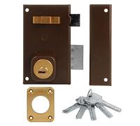 Amig - Surface Mounted Right-Hand Lock with Closing Lever | Latch and Handle for Wooden Doors | Model 75, 67 x 112 mm | Round Security Cylinder | Steel | Brown