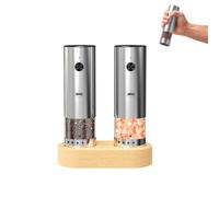Amig USB-C Rechargeable Electric Salt and Pepper Mill Set | Ceramic adjustment mechanism up to 5 levels - Elegant bamboo storage base - For travel or outdoor cooking