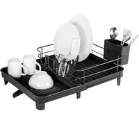 Amig - Vika Extendable Dish Rack - 41 x (31-52) x 16 cm - Steel and Plastic - Colour Black - Dish Rack with Drip Tray and Drain Plug - Capacity for 10 Plates and 6 Glasses