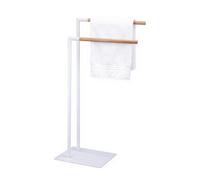 Amig - White freestanding towel rail with wooden bars - Double support for bath towels - Minimalist style with stable metal base - No drilling required