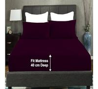 AmigoZone Extra Deep 40CM Fitted Sheet - Soft Brushed Microfiber Easy Care - Fade Wrinkle Resitant Deep Pocket Fitted Bed Sheet (Double, Aubergine)