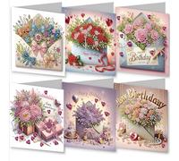 Amiiba 6pcs Diamond Art Painting Greeting Cards to Make Kits Floral Birthday Celebration, 5D DIY Crystal Art Card Sets with Envelopes, Postcards for Handmade 30 * 15cm/11.81 * 5.9 inches (Birthday)