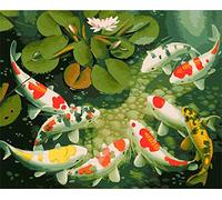 Amiiba DIY Paint by Numbers Kits, Koi Carp Lotus Pond 16x20 inch Acrylic Painting by Number Wall Art Crafts (Carp, Without Frame)