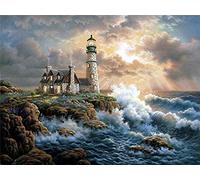 Amiiba DIY Paint by Numbers Kits, Ocean Shore Lighthouse and Hut 16x20 inch Acrylic Painting by Number Wall Art Crafts (Lighthouse, Without Frame)