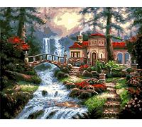 Amiiba DIY Paint by Numbers Kits, Pine Tree Forest, Red Cottage Bridge Scenery 16x20 inch Acrylic Painting by Number Wall Art Crafts (Waterfall, Without Frame)