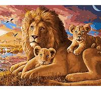 Amiiba DIY Paint by Numbers Kits, The Lion Family, Lion King and Cub, Grasslands with Animals 16x20 inch Acrylic Painting by Number Wall Art Crafts (Lion, Without Frame)