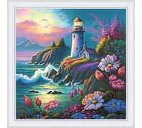 Amiiba Pre Printed Cross Stitch Kits for Adults, Lighthouse Seaside 11ct Stamped Embroidery Kits DIY Wall Art Decor for Beginners (Seaside)