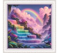 Amiiba Pre Printed Cross Stitch Kits for Adults, Rainbow Waterfall 11ct Stamped Embroidery Kits DIY Wall Art Decor for Beginners (Waterfall)