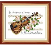 Amiiba Stamped Cross Stitch Kits, Quotes: Music There is Harmony, Harmony There is Peace DIY 11CT 12.5x9.4 inch (Violin)