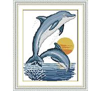 Amiiba Stamped Cross Stitch Kits, Two Dolphins Sunset Ocean Scene DIY 11CT 17.3x21.6 inch (Dolphin)