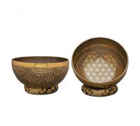 Amilav Collections flower of life etched handmade singing bowls, handmade singing bowl with fine etching carving, Tibetan singing bowl with pillow and lollipop, spiritual healing and meditation