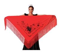 AMINA JAADE Large flamenco shawl. Measurement 75X35 inch without counting the fringes (11.8inch), embroidered on one side., Red Body, Black Embroidery, XL