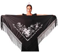AMINA JAADE Large flamenco shawl. Measurement 75X35 inch without counting the fringes (11.8inch), embroidered on one side., Black Body, White Embroidery, XL