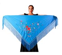 AMINA JAADE Large flamenco shawl. Measurement 75X35 inch without counting the fringes (11.8inch), embroidered on one side., Blue Body, Multicolor Embroidery, XL