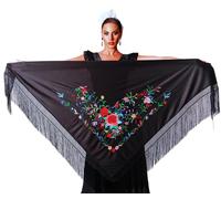 AMINA JAADE Large flamenco shawl. Measurement 75X35 inch without counting the fringes (11.8inch), embroidered on one side., Black Body, Multicolor Embroidery, XL