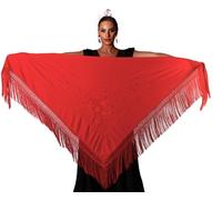 AMINA JAADE Large flamenco shawl. Measurement 75X35 inch without counting the fringes (11.8inch), embroidered on one side., Red Body, Red Embroidery, XL