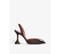 Amina Muaddi Dark Brown Begum Crystal-embellished Slingback Satin Heels Eur 38/5 Uk Women