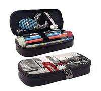 AMINNU Red Phone Booth London Street Leather Pencil Case, Durable Pencil Case, Student Pencil Case, Zipper Pencil Case. Suitable for Schools and Offices, Unisex.