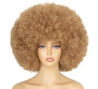 Aminow 70'S Afro Wig for Women Honey Blonde Short Curly Afro Wig Glueless with Bangs Afro Wig Spongy for Cosplay Party Daily Wear