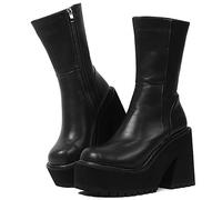 AMINUGAL Womens Wedge Heel Ankle Boots Platform Zipper Punk Motorcycle Booties Chunky Block High Heel Round Toe Fashion Work Combat Boots Mid Calf For Women