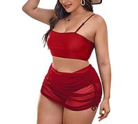 AMISENK 3 Pieces High Waist Spaghetti Straps Swimsuit Lacing Swimwear Bathing Suit Beachwear With Cover-ups Female Swimwear Oversized Swimming Suits Fat Sets For Women Drawstring Up