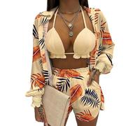 AMISENK 3 Pieces Swimsuits For Women Floral Print Blouse Swimsuit Cover Up Hawaiian Bathing Suit Shorts Top