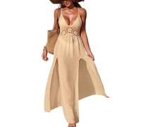AMISENK Full Length Backless Beach Dress with Adjustable Tie Crochet Side Split Bathing Suit Coverup Dress for Pool Parties Patchwork