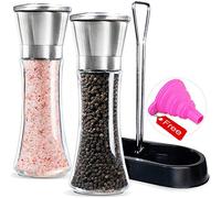 Amison Salt and Pepper mills With Matching Stand Stainless Steel Salt and Pepper Grinder Mill Set - 5 Grade Precision Adjustable Ceramic Rotor with Funnel (2 Pack Pepper Mills)