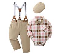 Amissz Baby Boy Gentleman Clothes Suit Infant Formal Long Sleeve Tuxedo Romper Jumpsuit + Suspender Pants + Beret Hat 3pcs Khaki, 3-6 Months