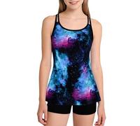Amissz Girls 2 Piece Swimsuits Girl's Bathing Suit Tankini Top with Adjustable Shoulder Straps Bikini Sets Comfortable Flat Corner Shorts Swimsuit for Teen Girls Size 11-12 Years Black Blue