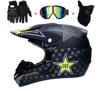AMITD Kids Motocross Helmet Set (4 Pcs), Rockstar Enduro Crash Helmet Full Face MTB Helmet with Removable Ear Pads, Motorbike Protective Gear for Off Road ATV Quad Bike, Black, M