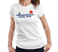 Amity 1975 Ladies T-Shirt - Jaws Shark Retro Vintage 70s Horror Film Tee - L White