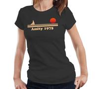 Amity 1975 Ladies T-Shirt - Jaws Shark Retro Vintage 70s Horror Film Tee - S Black