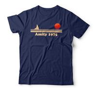 Amity 1975 Unisex T-Shirt | Retro Shark Attack Tee - S Navy